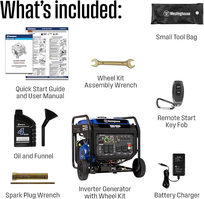 Westinghouse 10000 Peak Watt Portable Open Frame Inverter Generator, Remote Electric Start with Auto Choke, Transfer Switch Ready, Gas Powered, CO Sensor