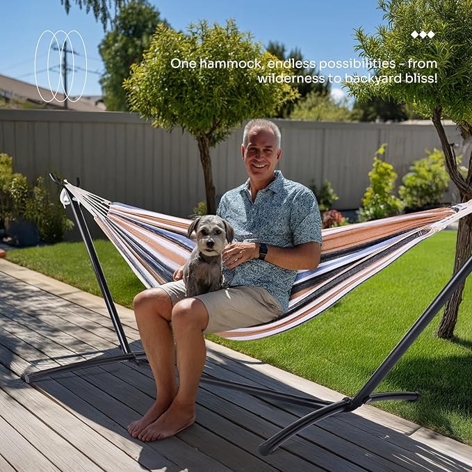 NEWBULIG Double Hammock with Stand, Heavy Duty Portable Hammocks for Outdoor Indoor Patio Camping, Space Saving Design & Carry Bag, Easy Assembly, 450lb Weight Capacity, Coffee