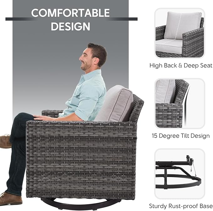 6 Piece Wicker Patio Furniture with Fire Pit Table - Outdoor Conversation Set with 50,000 BTU Fire Pit, All Weather Rattan Patio Set for Deck Backyard Garden - Grey Wicker Beige Cushion