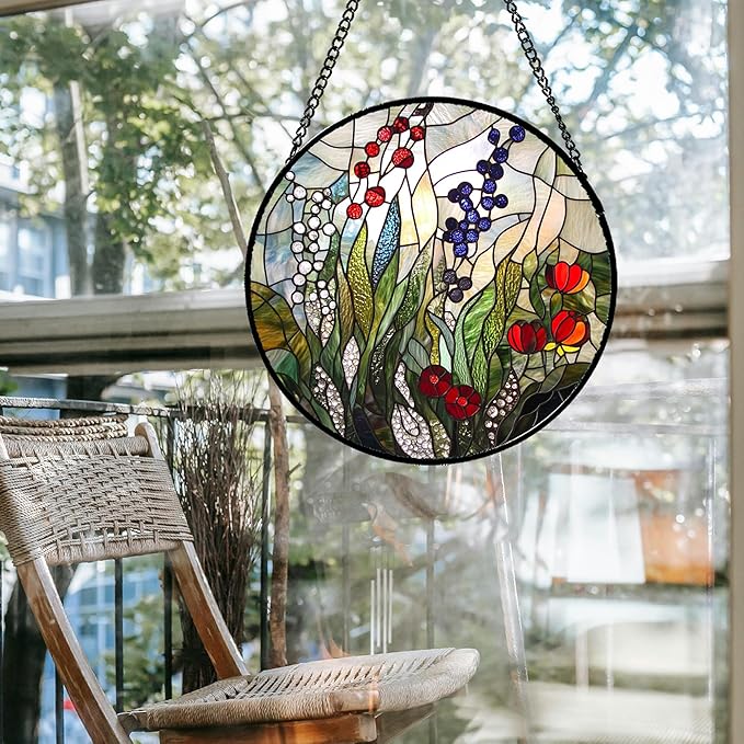 QZQCBLC Stained Glass Window Hanging Red Purple Flowers Berry Green Plants 6.3" - Suncatcher Door Garden Sun Catcher Home Decor Birthday Christmas for Mom Men Woman Friend