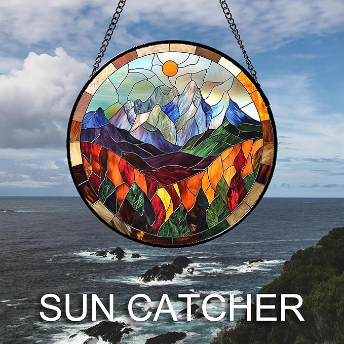 QZQCBLC Stained Glass Window Hanging Orange Sun Colorful Mountains Landscape Large 11.8" - Suncatcher Door Garden Sun Catcher Home Decor Birthday Christmas for Mom Men Woman Friend