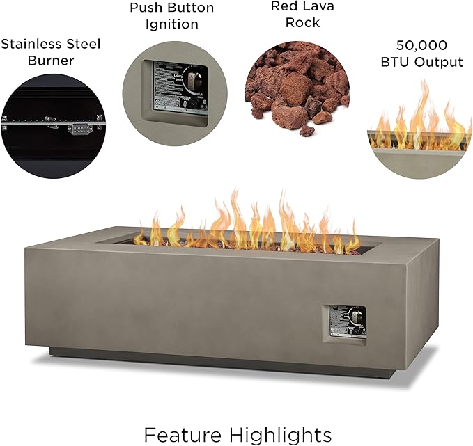 Real Flame Aegean 50in Rectangle Propane or Natural Gas Fire Pit Table, 50,000 BTU, Powder-Coated Steel, Push-Button Ignition, CSA Certified, Lava Rock, Storage Cover, Stainless Steel Burner with Lid