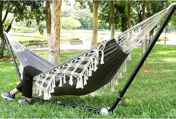 Anyoo Cotton Hammock - Comfortable & Elegant Deluxe Hammock with Tassels - Supports Up to 450lbs - Portable with Travel Bag for Porch, Patio, Yard, Bedroom & Outdoor/Indoor