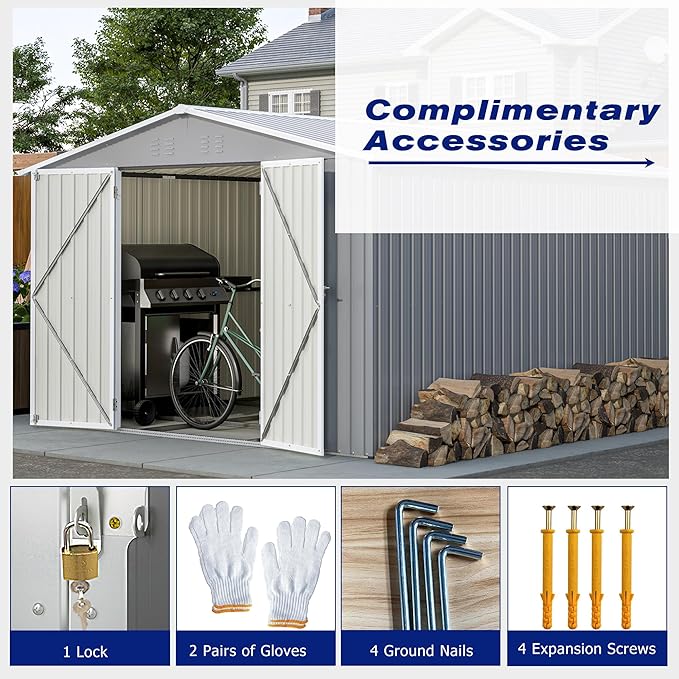 8 * 12 FT Outdoor Storage Shed with Floor Frame Heavy-Duty Metal Sheds & Outdoor Storage with Vents, Sloping Roof and Lockable Doors Waterproof Garden Tool Shed for Backyard Patio Lawn, Grey