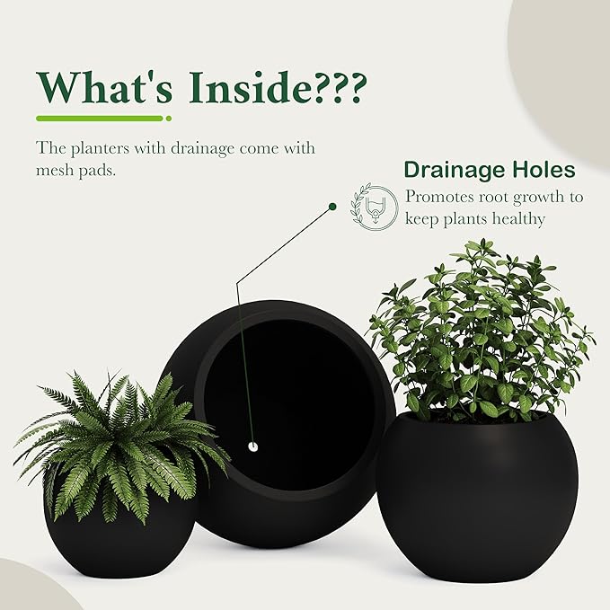 DTY Signature Mount Sherman Modern Indoor Outdoor Fiberstone Sphere Planter, Durable Round Garden Pot, Weather Resistant, Drainage Hole & Rubber Plug, Planter for Christmas Tree - Medium, Black