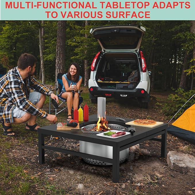 45 Inch Fire Pit Surround Tabletop for Solo Stove Yukon/Bonfire/Tiki Accessories, Smokeless Fire Pit Table & Dust Cover for Solo Stove and Other Wood Burning, Powder-Coated Steel Stove Table Surround