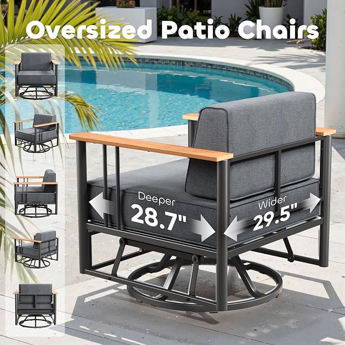 Luxury Patio Swivel Chairs with 6" Extra Thick Cushions, Outdoor Swivel Chairs with Side Table, Outdoor Furniture for Porch, Balcony, Deck, Patio, Yard, Poolside, Black/Grey