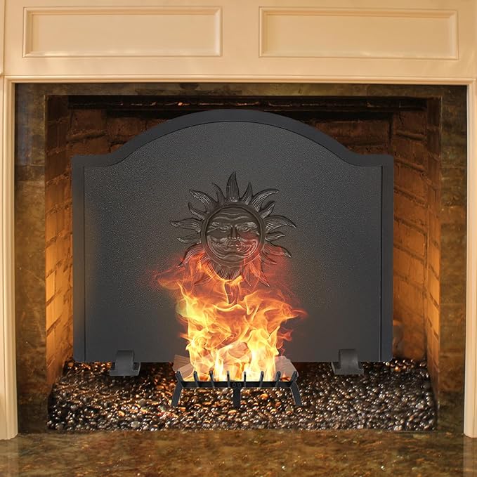 Iron Fireback with Feet - 22.5in Sun Fireplace Heat Reflector, Heat-Resistant Material with Decorative Design for Wall Protection