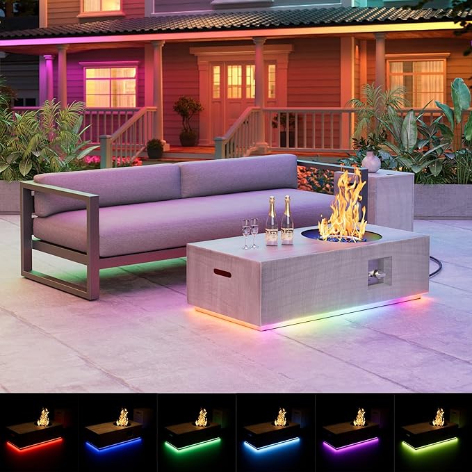 Dineli 2-Piece Outdoor Propane Fire Pit Table Set w Tank Table 48'' Rectangular Firepit Gas Fire Pits for Outside Patio Tabletop Fire Pits w LED, 50,000 BTU (Light Gray with RGB Light)
