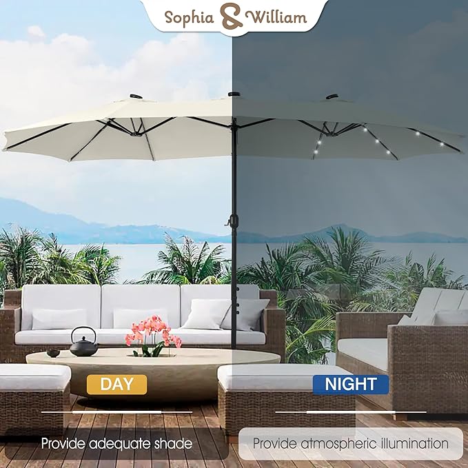 Sophia & William 15 ft Extra Large Patio Umbrella with Solar Lights, Rectangular Outdoor Umbrella with Base Included, Market Umbrella Double-sided Heavy Duty for Pool Garden Backyard, Ivory White
