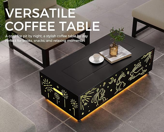 NICESOUL Outdoor Natural Gas/Propane Firepit Table, 42'' Rectangular Fire Pit with Hidden Tank Table, 50000 BTU Modern All-Weather Metal Fireplace with LED Light for Outside Patio, CSA Certified, Grey