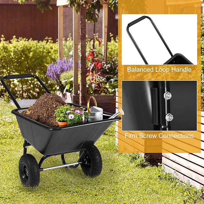 Goplus 2 Wheel Wheelbarrow, 330 LBS Utility Garden Cart with 10” Pneumatic Tires & Handle, 21 Gal Volume, Yard Dump Cart Wheel Barrow, Heavy Duty Wheel Barrow for Lawn (Black Handle+Black Cart)