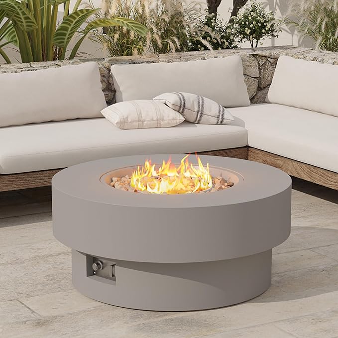 32 inch Outdoor Propane Fire Table, Round Patio Fire Pit Table, 50,000 BTU Gas FirePit with Lid, Cover, Lava Rocks, CSA Certified, Grey
