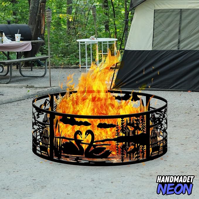 Personalized Camping At The Lake House Fire Pit Ring 360 Degree, Custom Name Metal Outdoor Campfire Pits, Wood Burning, Fireplace, Firepit, Bonfire, BBQ Garden Decor, Gift For Family
