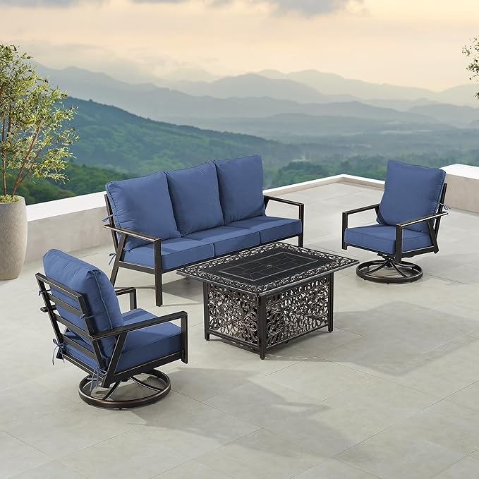 Oakland Living Black Aluminum Patio Fire Table Set with Deep Seating Sofa with Cushion and Two Club Chairs with Blue Cushions