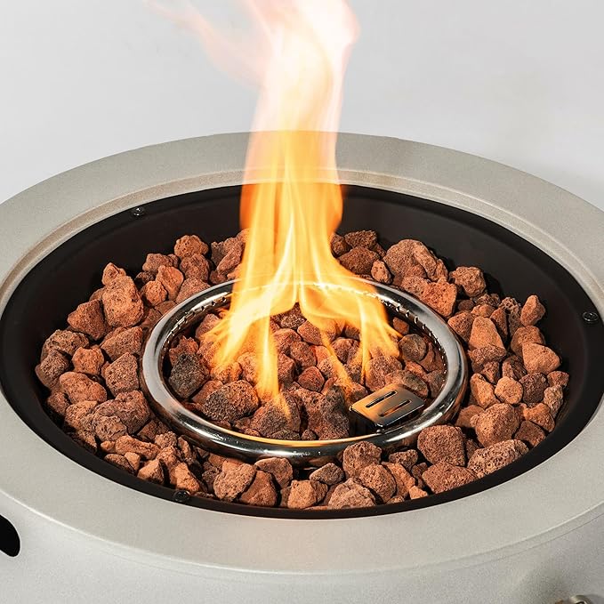 24" Round Propane Gas Fire Pit Bowl, 50,000 BTU Outdoor Gas Firepit Table Patio Burner with Steel Lid, Lava Rocks, Portable Design for Deck Backyard Garden Camping Party Use (Grey)
