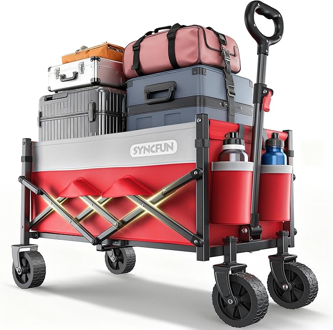 SYNCFUN Collapsible Wagon Cart with Wheels 300lbs Red, Portable Sports Utility Rolling Wagon for Beach, Garden, Camping & Grocery, Fishing