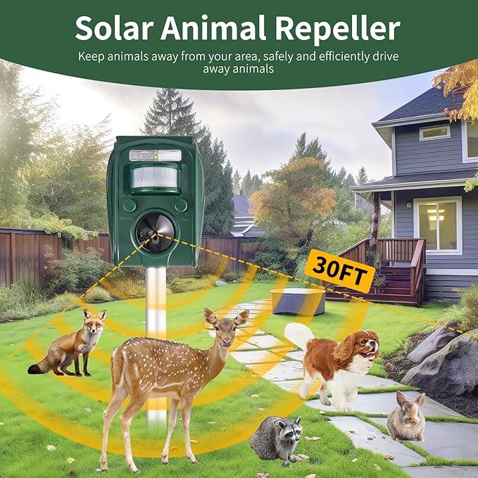 CIIC Upgraded Ultrasonic Deer Repellent Devices Motion Detection, Sloar Waterproof Cat Repellent Outdoor 5 Adjustable Modes, Squirrel Raccoon Rabbit Dog Repellent Deterrent for Yard, 2P