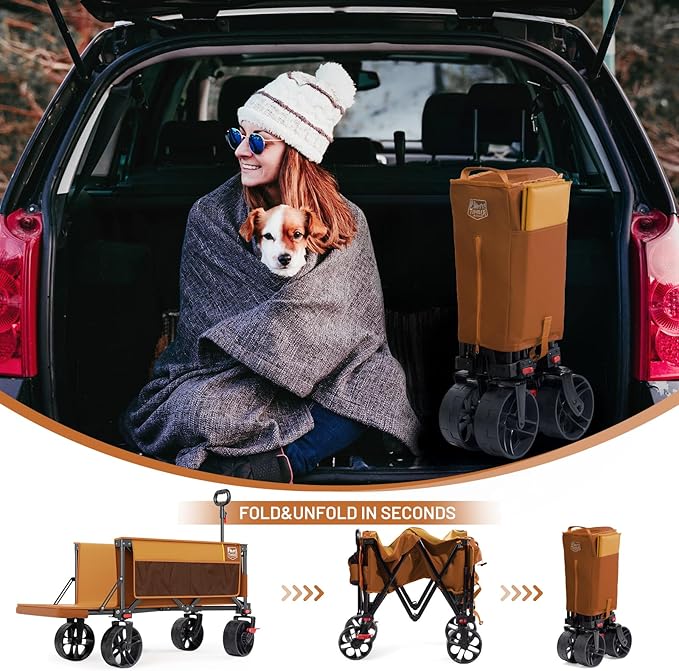 TIMBER RIDGE 47"L Collapsible Folding Wagon with Tailgate, 550lbs Heavy Duty Beach Wagon with All-Terrain Big Wheels, 250L Foldable Utility Wagon Cart for Sand Camping Sports Shopping, Orange