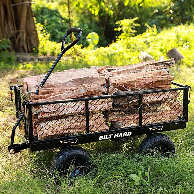 BILT HARD 10" Flat Free Tires Heavy Duty Garden Cart with 180° Rotating Handle and Removable Sides, 4 Cu.Ft 880 lbs Capacity Utility Steel Wagons for Outdoor, Yard