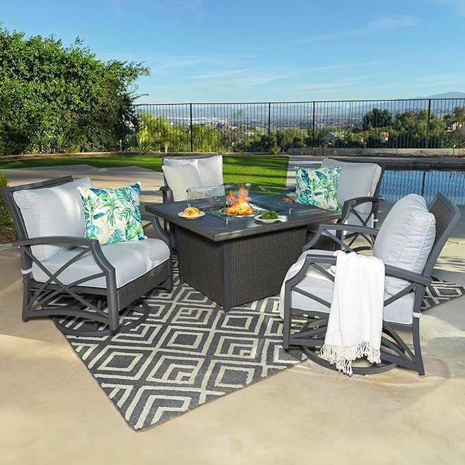 Ethan Rattan 5-Piece Patio Furniture Set with Fire Pit Table, 42-Inch Fire Outdoor Propane Pit Dining Table Conversation Set, 50,000 BTU, Includes 4 Sofa Swivel Chairs (Grey Grey)