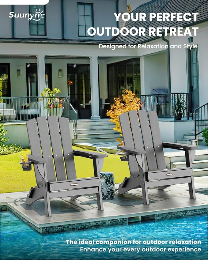 Folding Adirondack Chair 6 Pack, HDPE All-Weather Fire Pit Chairs, Plastic Adirondack Chairs with 2 Cup Holder, Outdoor Lawn Chair for Patio Garden (Grey)