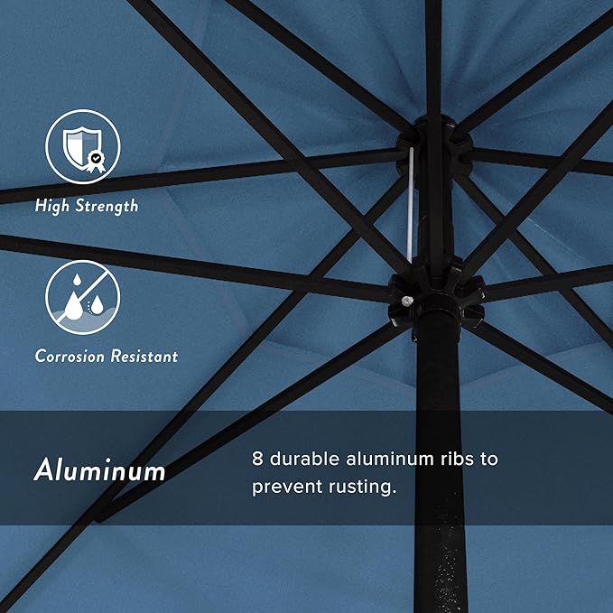 California Umbrella 9' Rd Aluminum Patio Umbrella, Crank Lift, Auto Tilt, Black Finish, Sunbrella Cyan