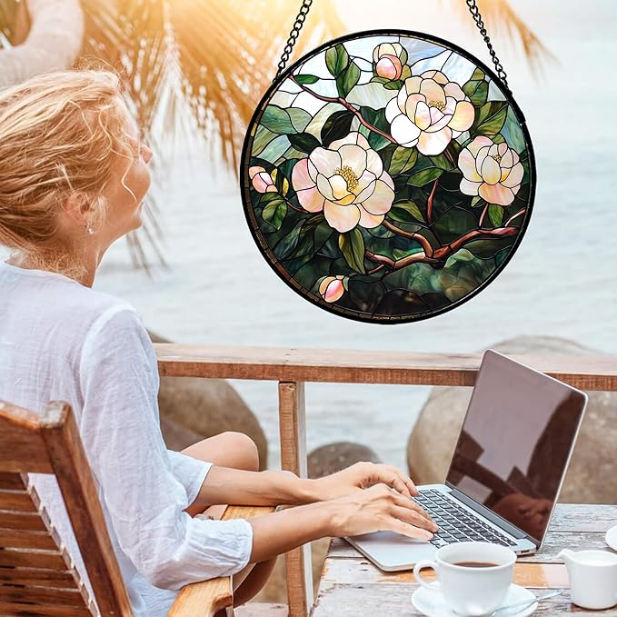 AMDERVEN Stained Glass Suncatcher, Light Pink Flowers Green Leaf Sun Catcher Plant Stain Glass Window Hanging Decoration Mother's Day Birthday Gifts for Women Men Mom Nana 9.8 in
