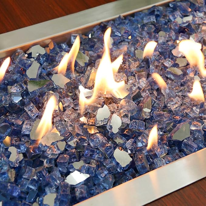 GRISUN 20 Pounds Pacific Ocean Blue Fire Glass for Fire Pit - 1/2 Inch High Luster Reflective Tempered Glass Rocks for Natural or Propane Fireplace, Safe for Outdoors and Indoors Firepit Glass