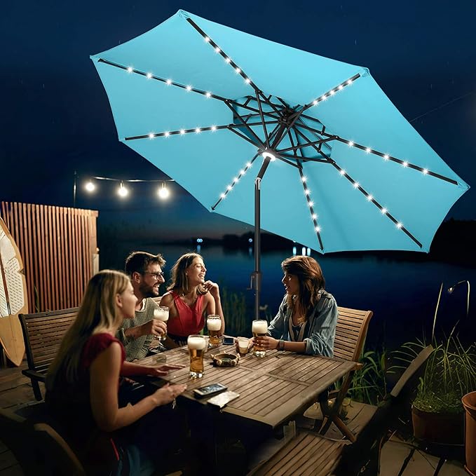 FLAME&SHADE 9 ft Double Top Solar Powered Outdoor Market Patio Table Umbrella with LED Lights and Tilt, Aqua Blue
