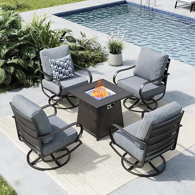 MFSTUDIO 5 Pieces Patio Conversation Sets, Outdoor Metal Furniture Sofas with 1 x 28 50,000 BTU Square Propane Gas Fire Pit Table and 4 x Steel Frame Patio Sofa Swivel Chairs with Grey Cushion