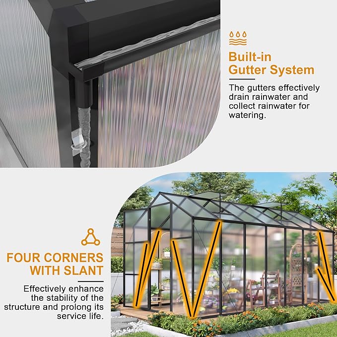 KEIKI Aluminum 6x14 FT Walk-in Polycarbonate Greenhouse, Outdoor Gardening Greenhouse with Raised Base, Roof Vent & Weather-Resistant Panels, Black