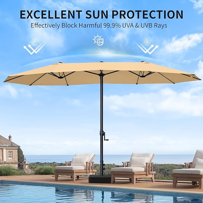 OLILAWN Patio Table Umbrella, 15ft Large Deck Umbrella with Base Included, Outdoor Double-Sided Rectangle Market Umbrella with Aluminium Crank, 12 Sturdy Ribs, for Deck Porch Garden, Beige