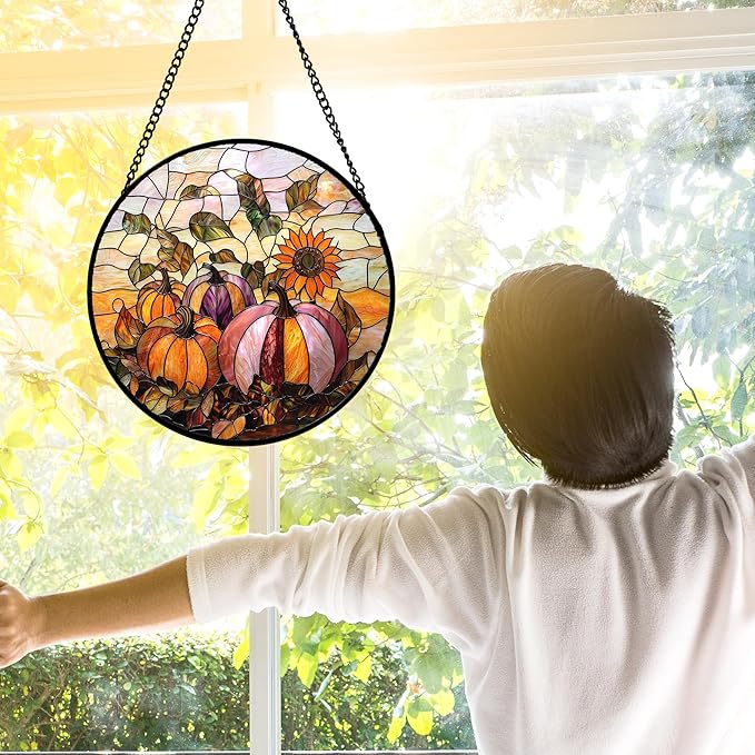 DASTOLL Stained Glass Window Hanging, Pumpkin Sunflower Suncatcher Diamond Glass Panel Sun Catchers Decor for Birthday for Women, Men, Wife, Aunt, and Mom 11.8x11.8 in