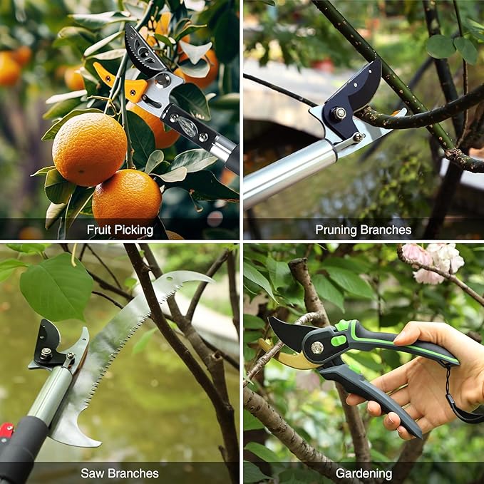Lineslife Extendable Tree Pruner,Pole Pruner Pruning Shear, Telescopic Long Handle Tree Trimmer with Cut & Hold Bypass Clippers, Lightweight Adjustable Fruit Picker for Tree Branch Cutter