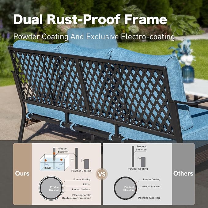 SUNSHINE VALLEY 5 Piece Metal Outdoor Patio Furniture Sets with Firepit Table, Patio Conversation Sets 1 3-Seater Sofa, 1 Loveseat, 2 Swivel Chair with 5.75" Cushion for Backyard Deck, Denim Blue
