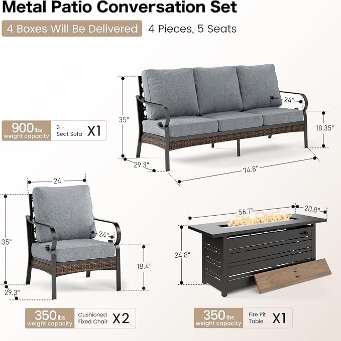 SUNSHINE VALLEY 4 Piece Black Metal Outdoor Patio Furniture Sets with Firepit Table, Patio Conversation Sets 1 3-Seater Sofa, 2 Single Sofa with 5.75" Thick Cushion Backyard Furniture for Deck, Gray