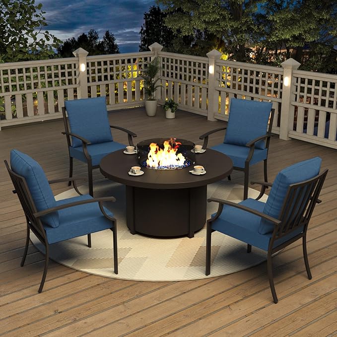 Kurapika 5 Piece Metal Outdoor Patio Furniture Set with Round Fire Pit Table, Patio Conversation Sets 4 Fixed Chairs with Thick Cushion and 40000 BTU Fire Pit Table, Navy Blue