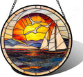 DASTOLL Stained Glass Window Hanging, Sun Ocean Sailboat Seagull Abstract Suncatcher Diamond Glass Panel Sun Catchers Decor for Birthday for Women, Men, Wife, Aunt, and Mom 7.8 in