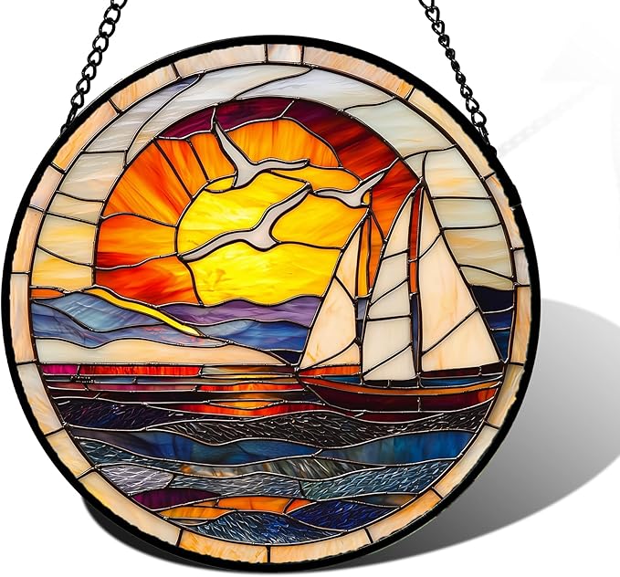 DASTOLL Stained Glass Window Hanging, Sun Ocean Sailboat Seagull Abstract Suncatcher Diamond Glass Panel Sun Catchers Decor for Birthday for Women, Men, Wife, Aunt, and Mom 6.3 in