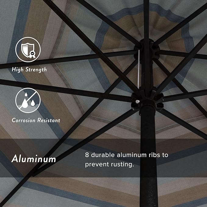 California Umbrella 9' Rd Aluminum Patio Umbrella, Crank Lift, Auto Tilt, Black Finish, Sunbrella Gateway Mist
