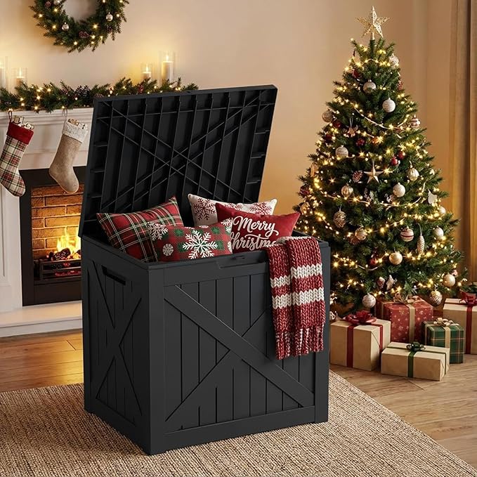 32 Gallon Outdoor Storage Box Waterproof,Outside Delivery Package Deck Box with Lockable Lid,Poolside Storage Bin for Garden Tools,Patio Cushion,Black