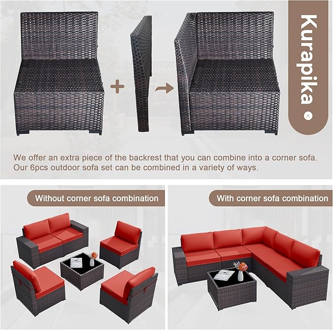 Kurapika 6 Pieces Patio Furniture Set, Rattan Wicker Outdoor Conversation Sets w/4 Inch Cushion and Glass Coffee Table(Red)