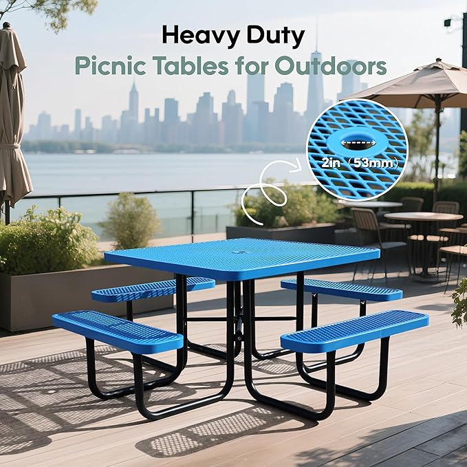 HIMcup 46" Square Picnic Table for Outside,Heavy Duty Metal Picnic Table Bench Set with 2in Umbrella Hole, 1600 lb Capacity,Commercial Dining Table Furniture for Garden Yard Patio Party Coffee Shop