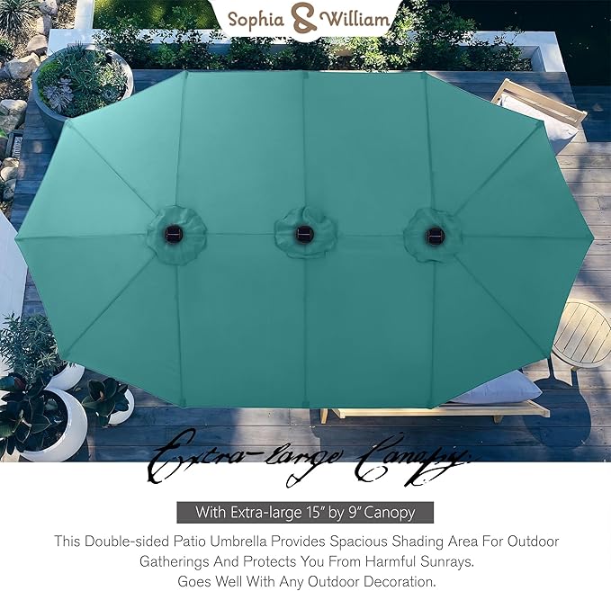 Sophia & William 15 ft Extra Large Patio Umbrella with Solar Lights, Rectangular Outdoor Umbrella with Base Included, Market Umbrella Double-sided Heavy Duty for Pool Garden Backyard, Turquoise
