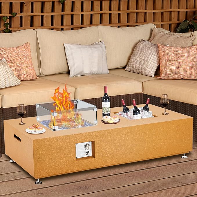 56 Inch Propane Fire Pit Table, Outdoor Gas Fire Pit for Patio with 50,000 BTU, Large Rectangular Fire Table Coffee Dining Bar Table, Firepit for Outside Deck Backyard，Yellow