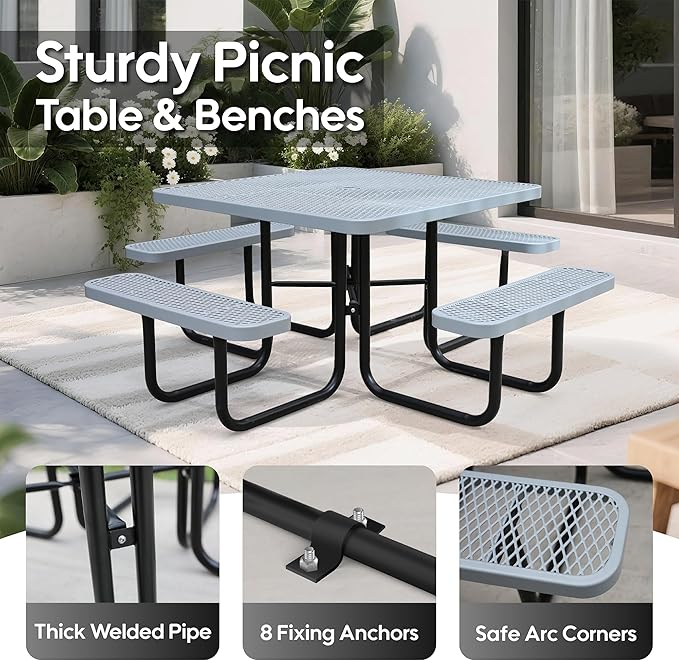8-Person Outdoor Picnic Tables,46" Heavy-Duty Metal Square Picnic Table,Expanded Metal Commercial-Grade Table with 4 Benches & Umbrella Hole,Waterproof Coating Beach Table for Patio,Garden, Backyard