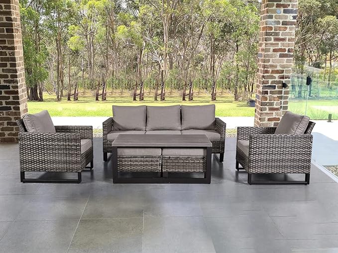 HUMMUH 6 Piece Patio Furniture All Weather Wicker Outdoor Sectional Sofa,High Back Patio Chairs,Coffee Table and Ottomans Set for Porch,Garden,Backyard