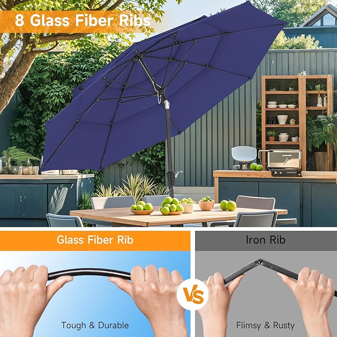 9 FT Outdoor Patio Umbrella, 3 Tier Market Table Umbrella with 8 Sturdy Fiberglass Ribs and 1.5’’ Pole, Smooth Button Tilt Patio Umbrella for Backyard Pool Garden, Blue(No Base)