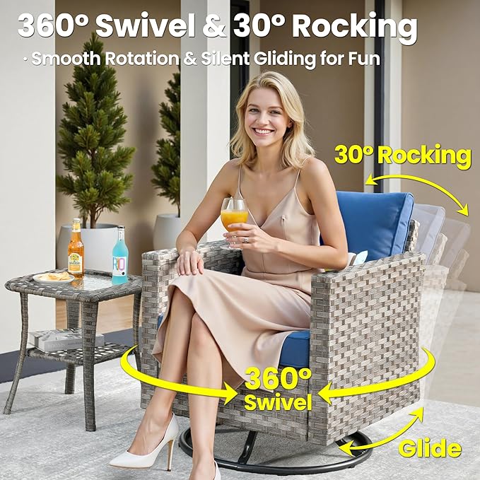ovios 9 Pieces Patio Furniture Set, Outdoor Wicker Sectional Sofa with 30" Fire Pit Table Swivel Chair, Modern Modular Deep Seat Rattan Couch Conversation Sets, Navy Blue